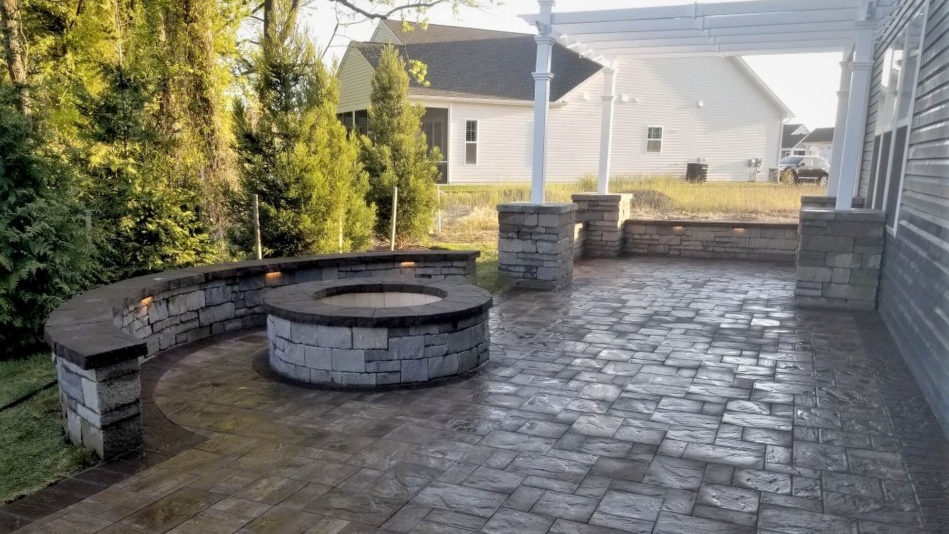 Paver Patio, Fire Pit, Sitting Walls in Chester, MD - Three Little