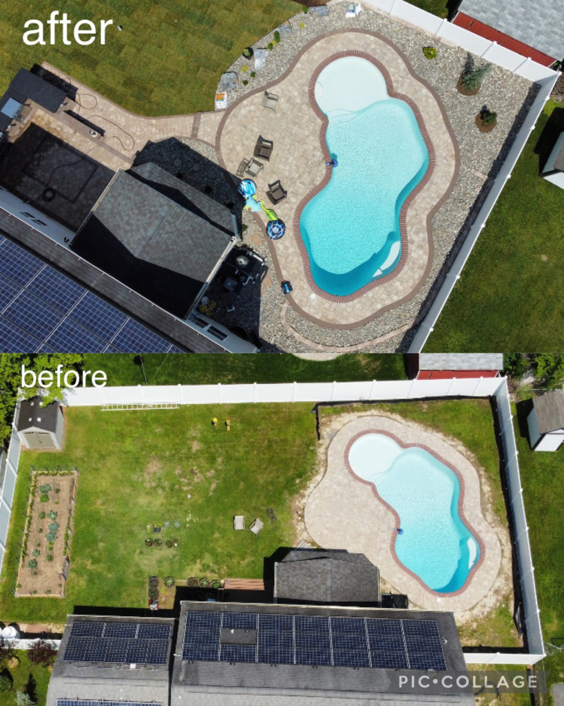 Before and After photo of pool surround and paver patio installation