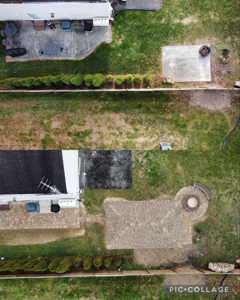 Before and after aerial show of patio and firepit